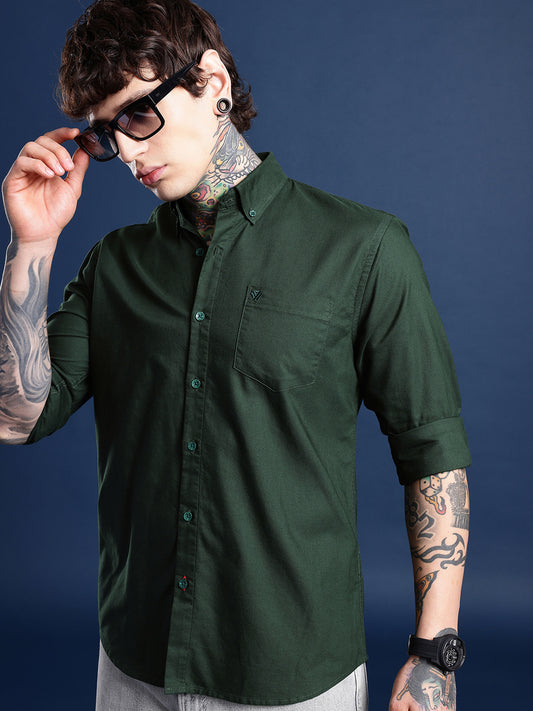 Bottle Green Oxford Cotton Shirt – Button-Down Collar & Chest Pocket
