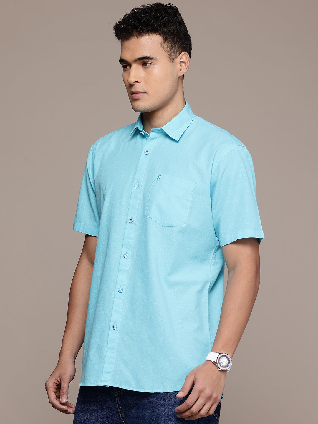 Men’s Sea Blue Linen Half Sleeves Casual Shirt