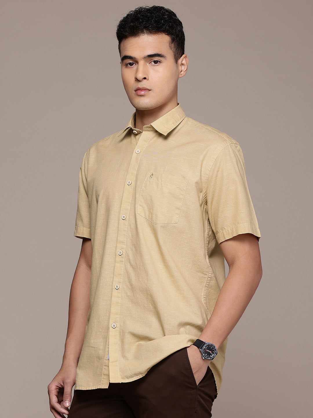 Men’s Cream Linen Half Sleeves Casual Shirt