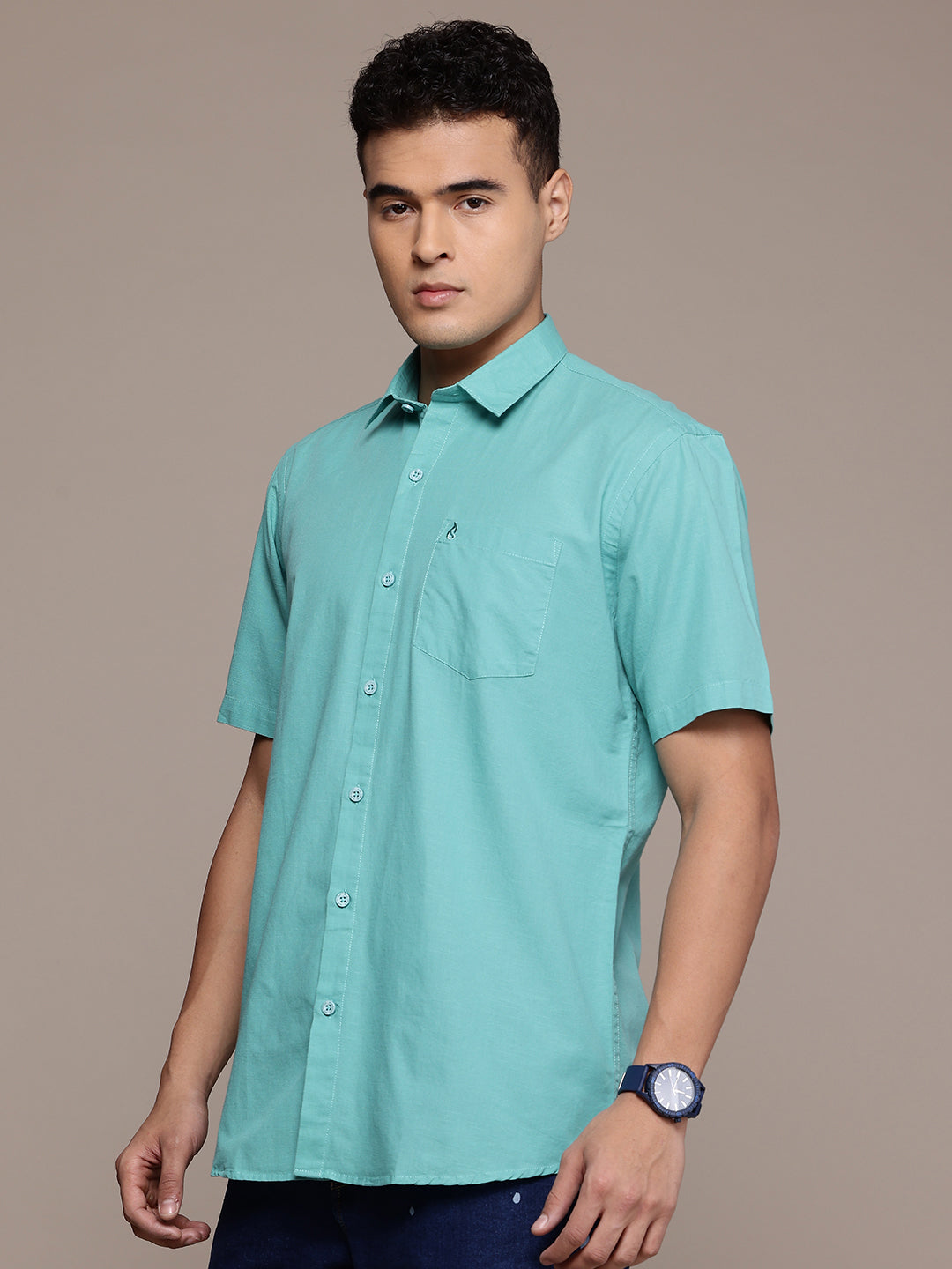 Men’s Sea Green Linen Half Sleeves Casual Shirt