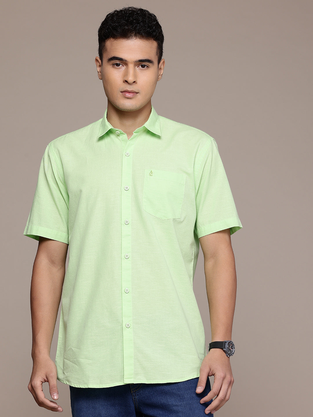 Men’s Light Green Linen Half Sleeves Casual Shirt