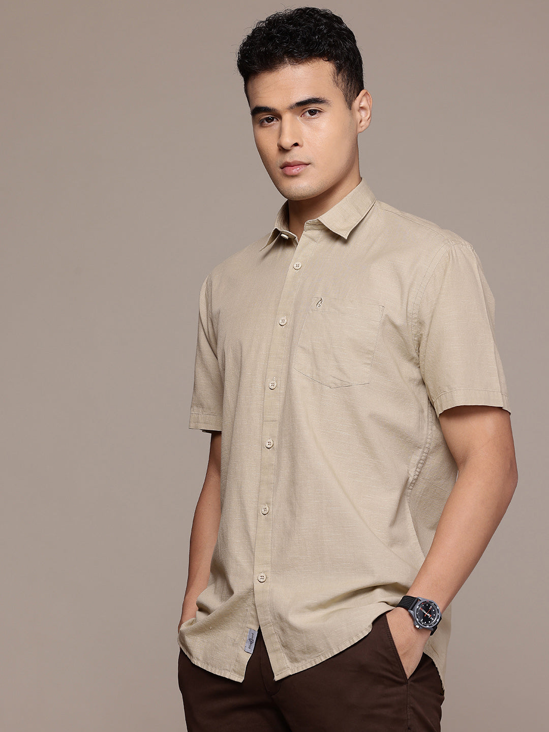 Men’s Beige Linen Half Sleeves Casual Shirt