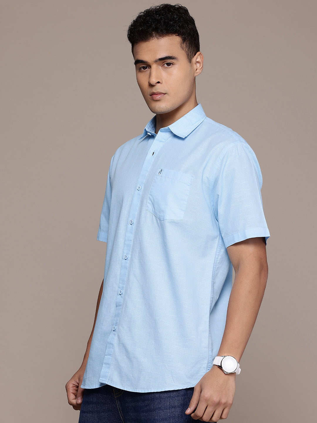 Men’s Light Blue Linen Half Sleeves Casual Shirt