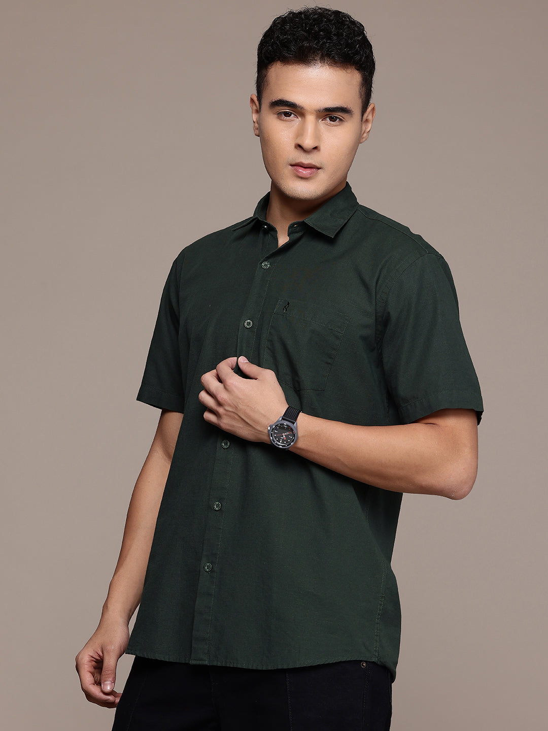 Men’s Dark Green Linen Half Sleeves Casual Shirt