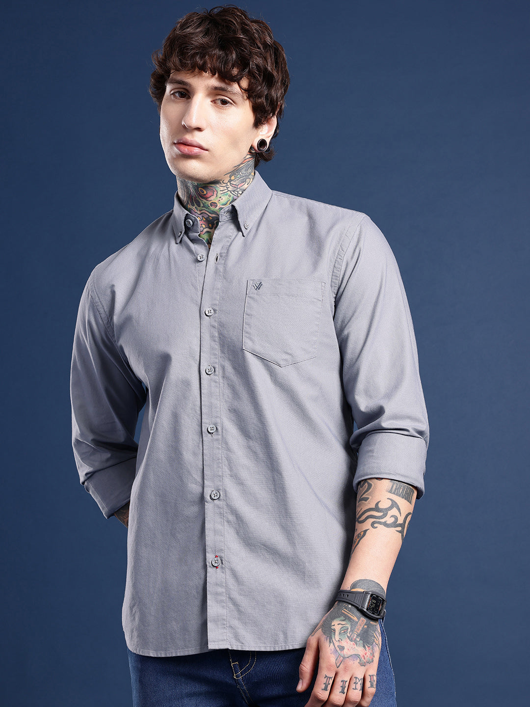 Steel Grey Oxford Cotton Shirt – Button-Down Collar & Chest Pocket