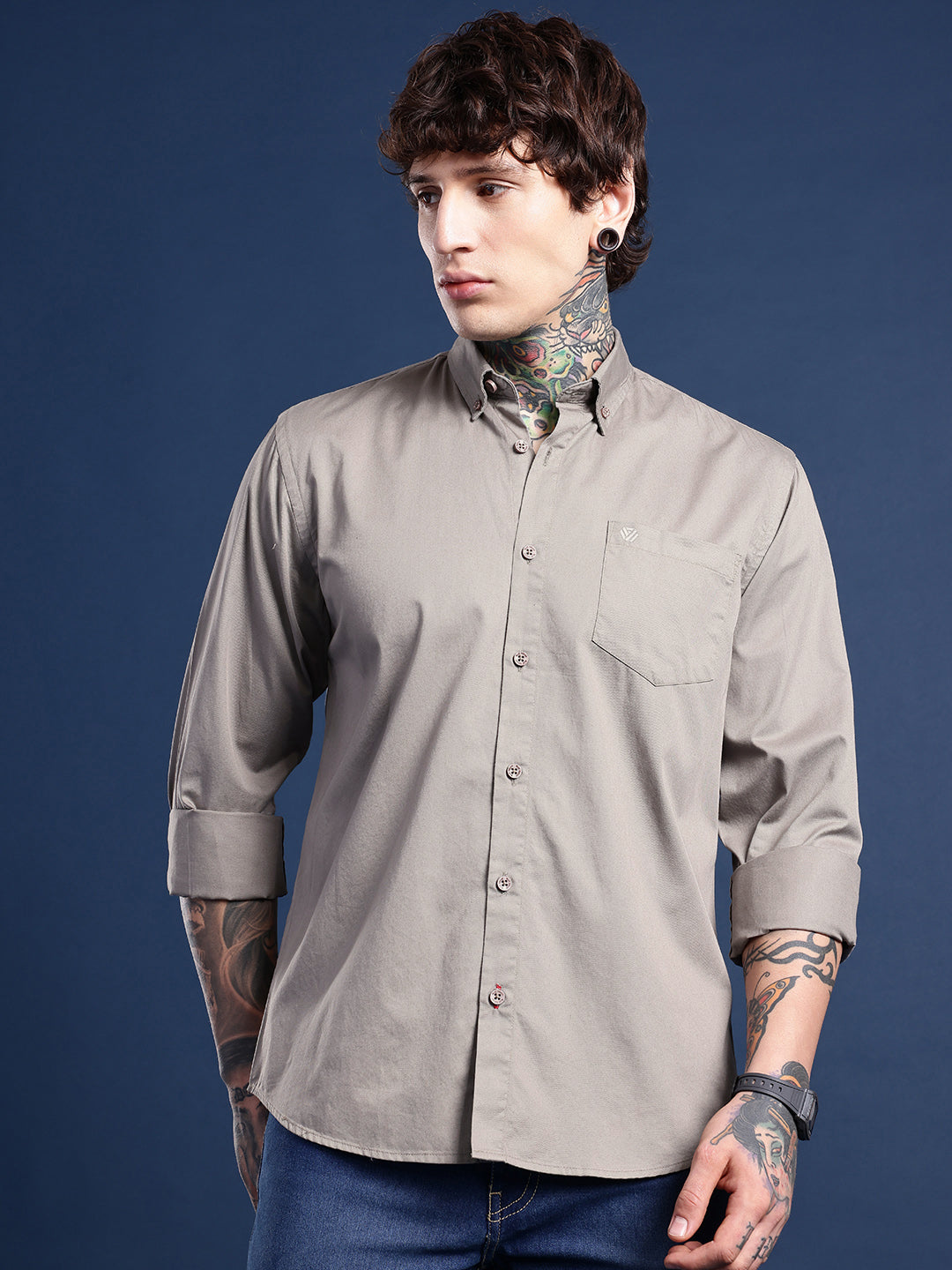 Taupe Grey Oxford Cotton Shirt – Button-Down Collar & Chest Pocket