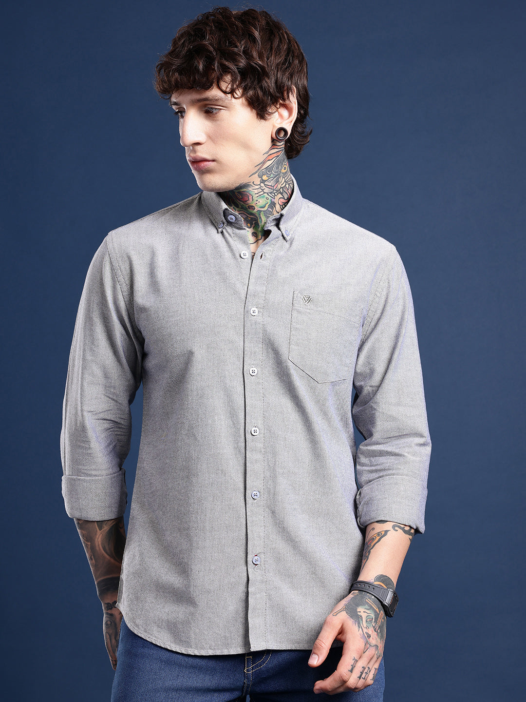 Slate Grey Oxford Cotton Shirt – Button-Down Collar & Chest Pocket