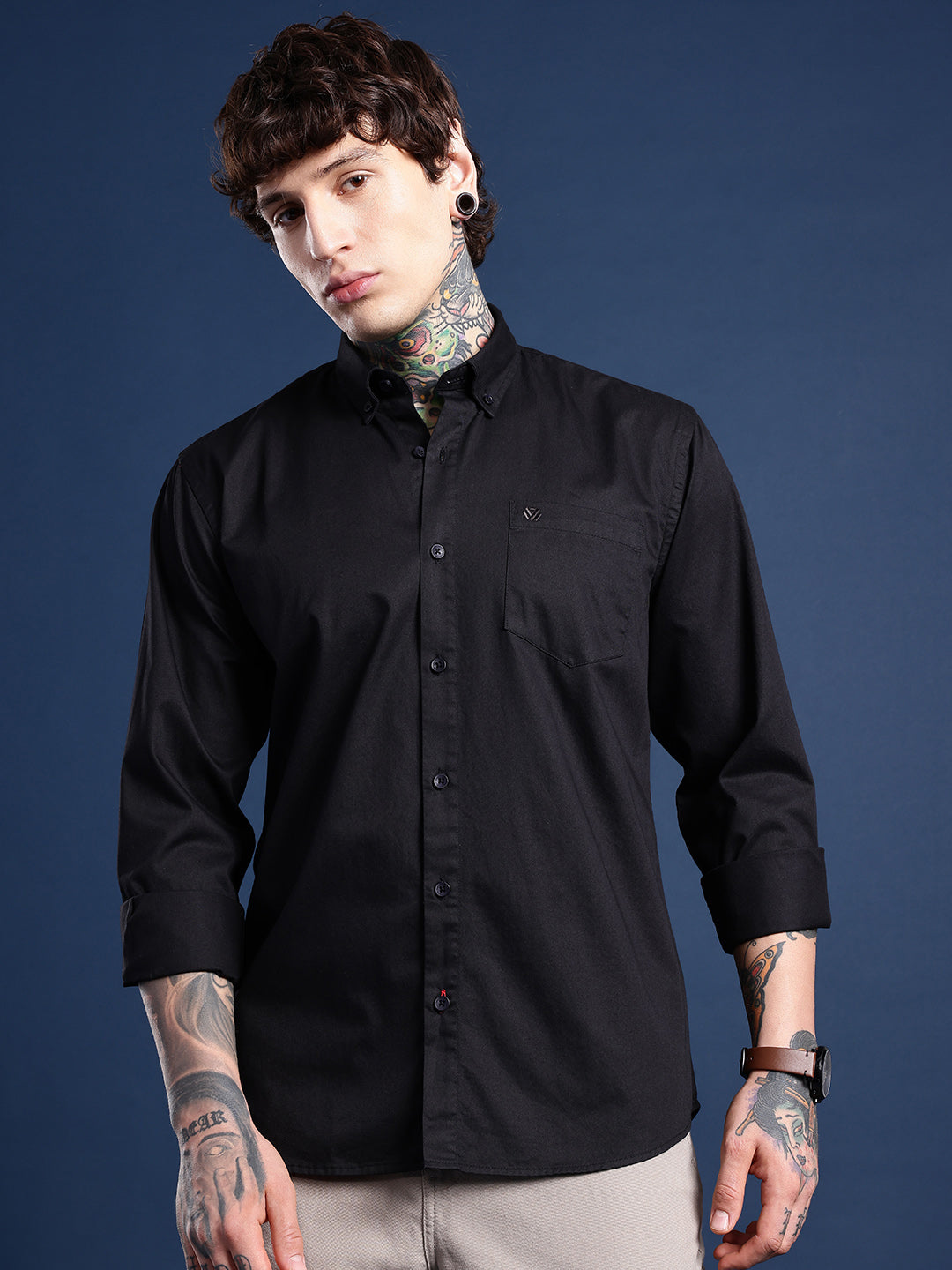 Midnight Black Oxford Cotton Shirt – Button-Down Collar & Chest Pocket