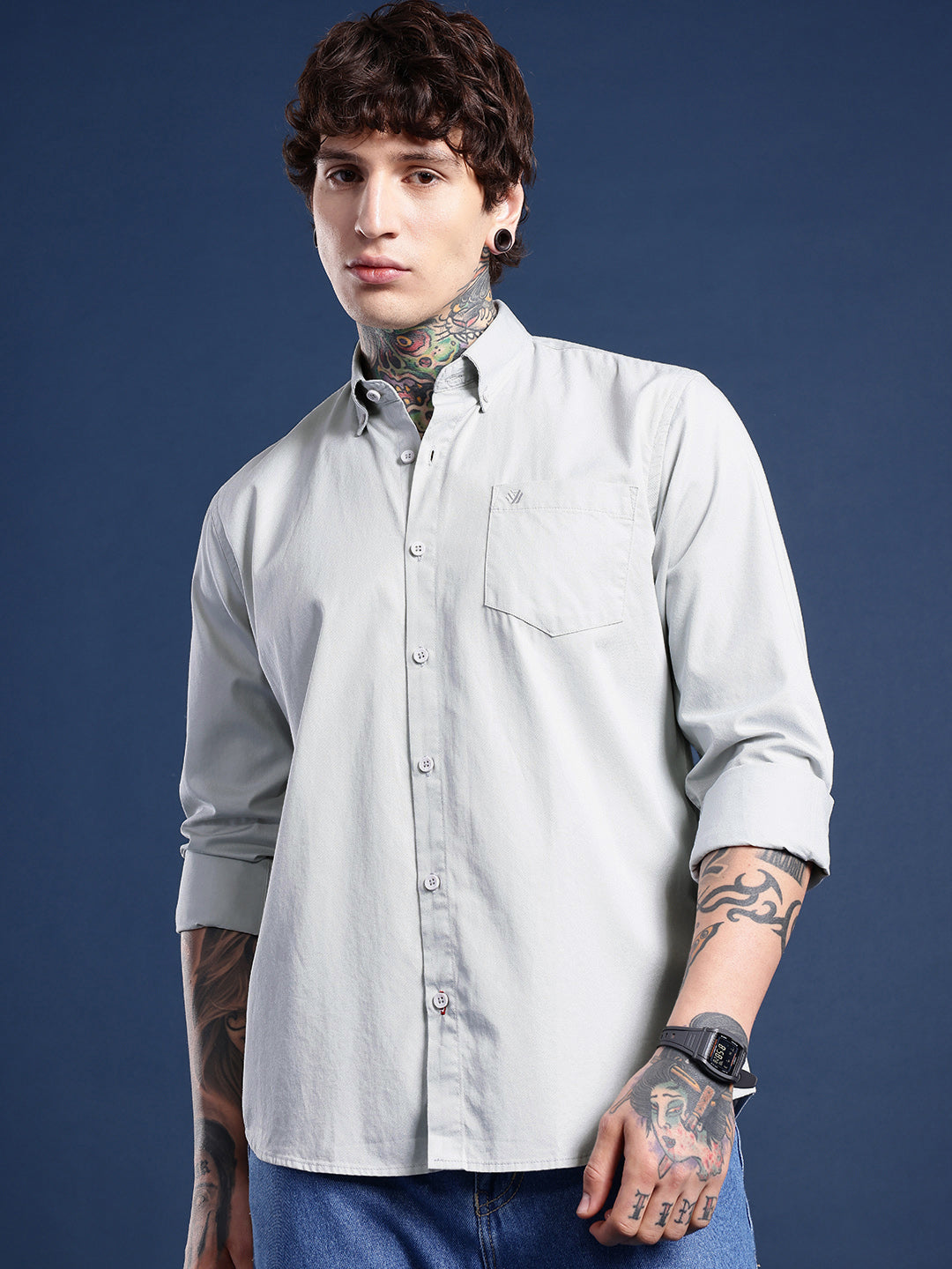 Silver Oxford Cotton Shirt – Button-Down Collar & Chest Pocket