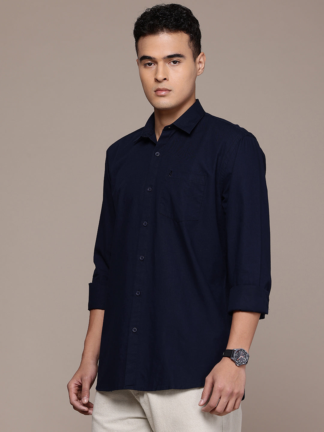 Men’s Navy Blue Linen Full Sleeves Casual Shirt