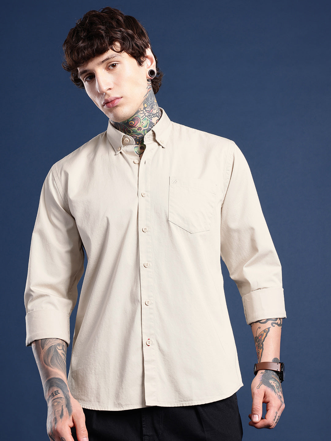 Ecru Beige Oxford Cotton Shirt – Button-Down Collar & Chest Pocket