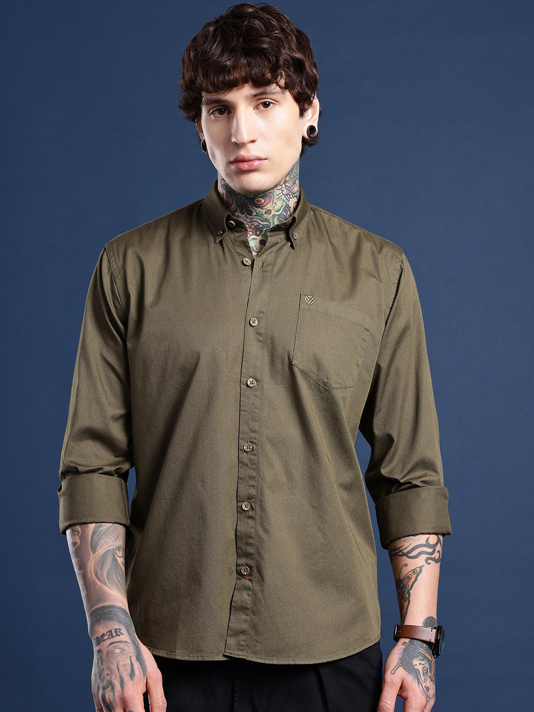 Army Olive Oxford Cotton Shirt – Button-Down Collar & Chest Pocket