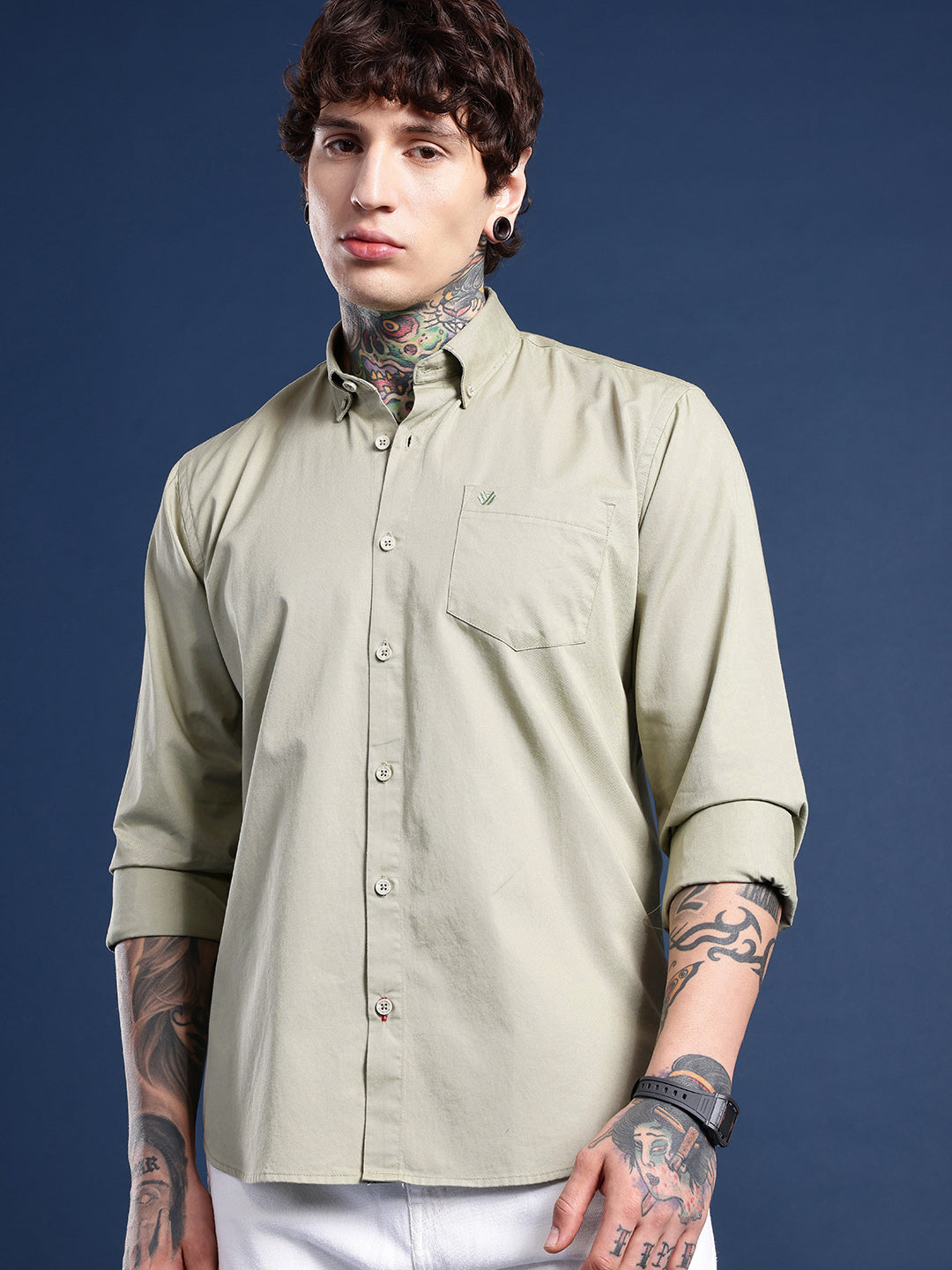 Pistachio Green Oxford Cotton Shirt – Button-Down Collar & Chest Pocket