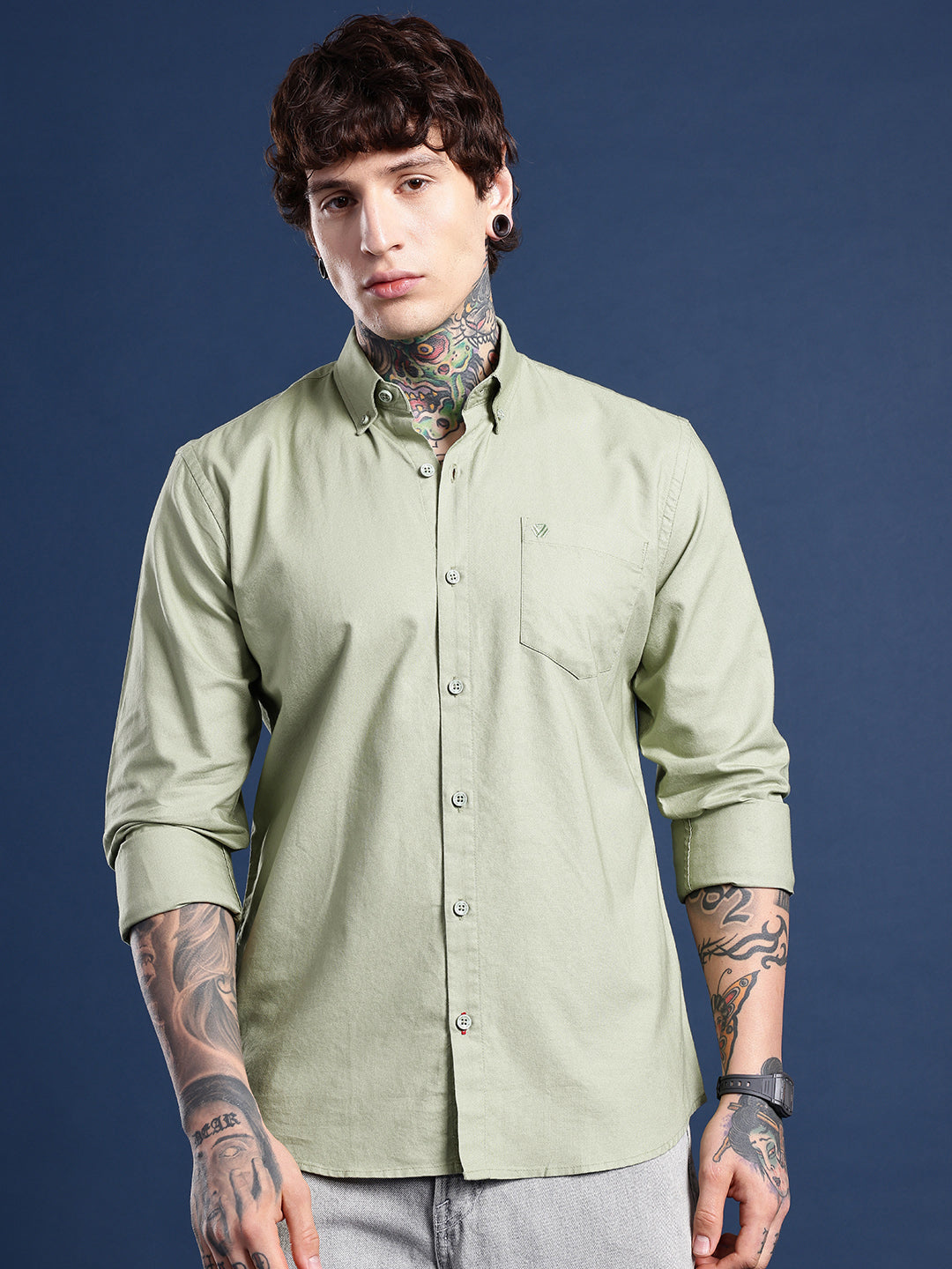 Sage Green Oxford Cotton Shirt – Button-Down Collar & Chest Pocket