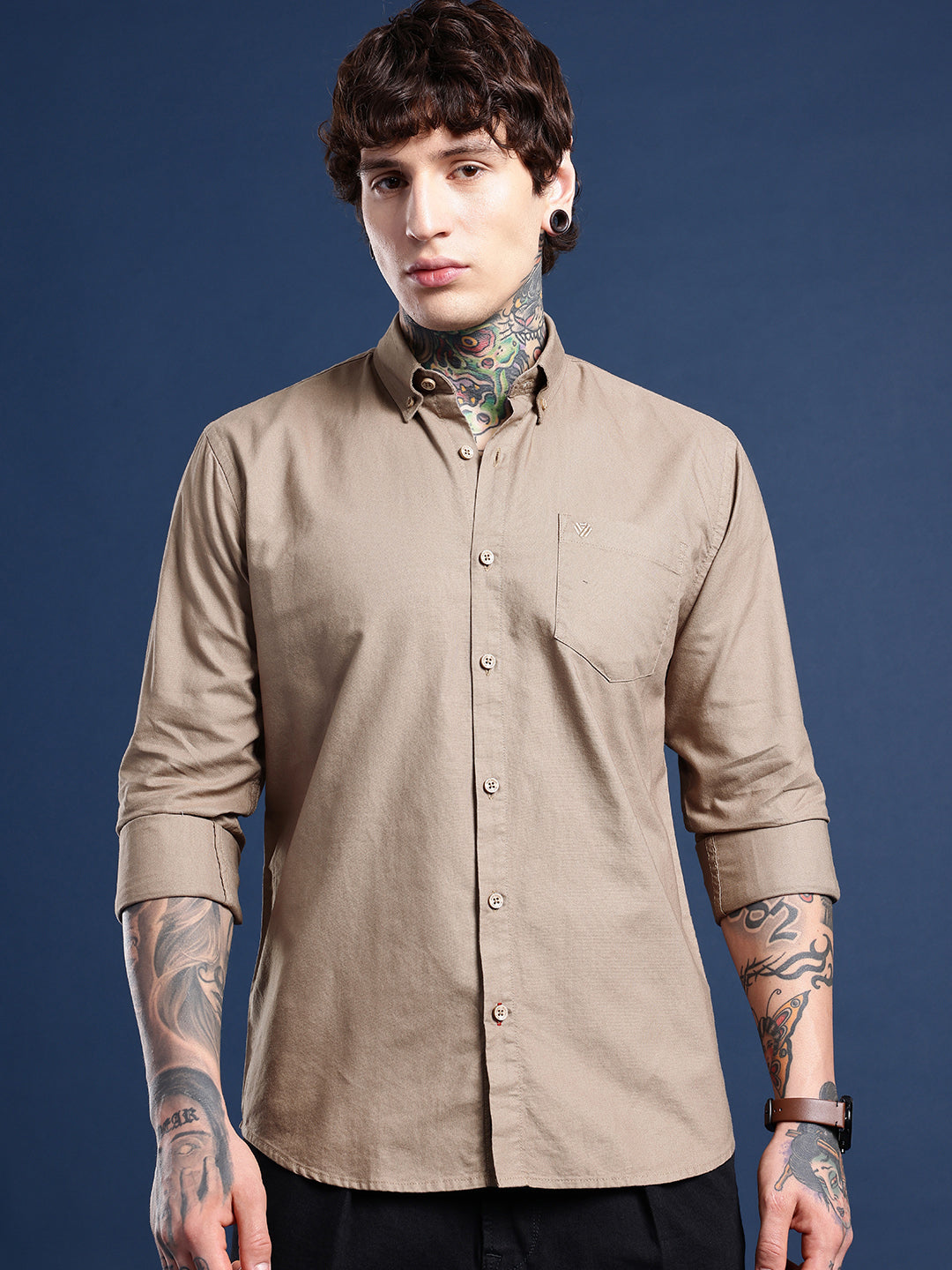 Sand Beige Oxford Cotton Shirt – Button-Down Collar & Chest Pocket