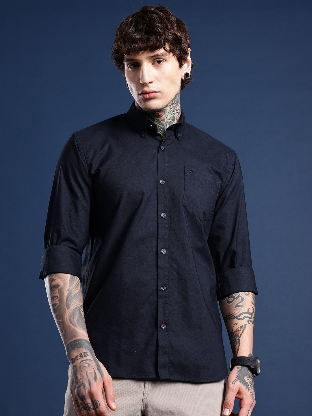 Navy Oxford Cotton Shirt – Button-Down Collar & Chest Pocket