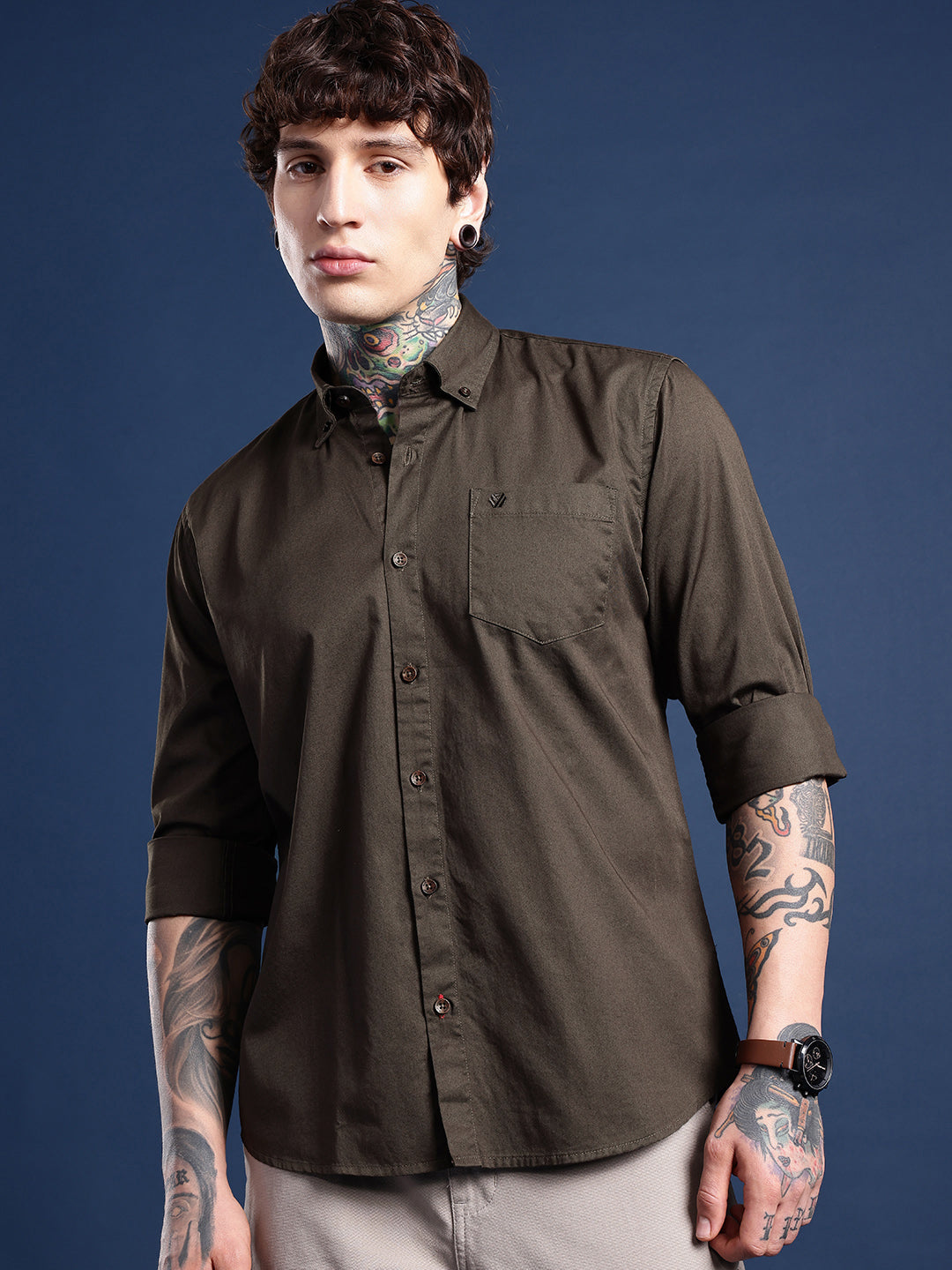 Dark Olive Oxford Cotton Shirt – Button-Down Collar & Chest Pocket