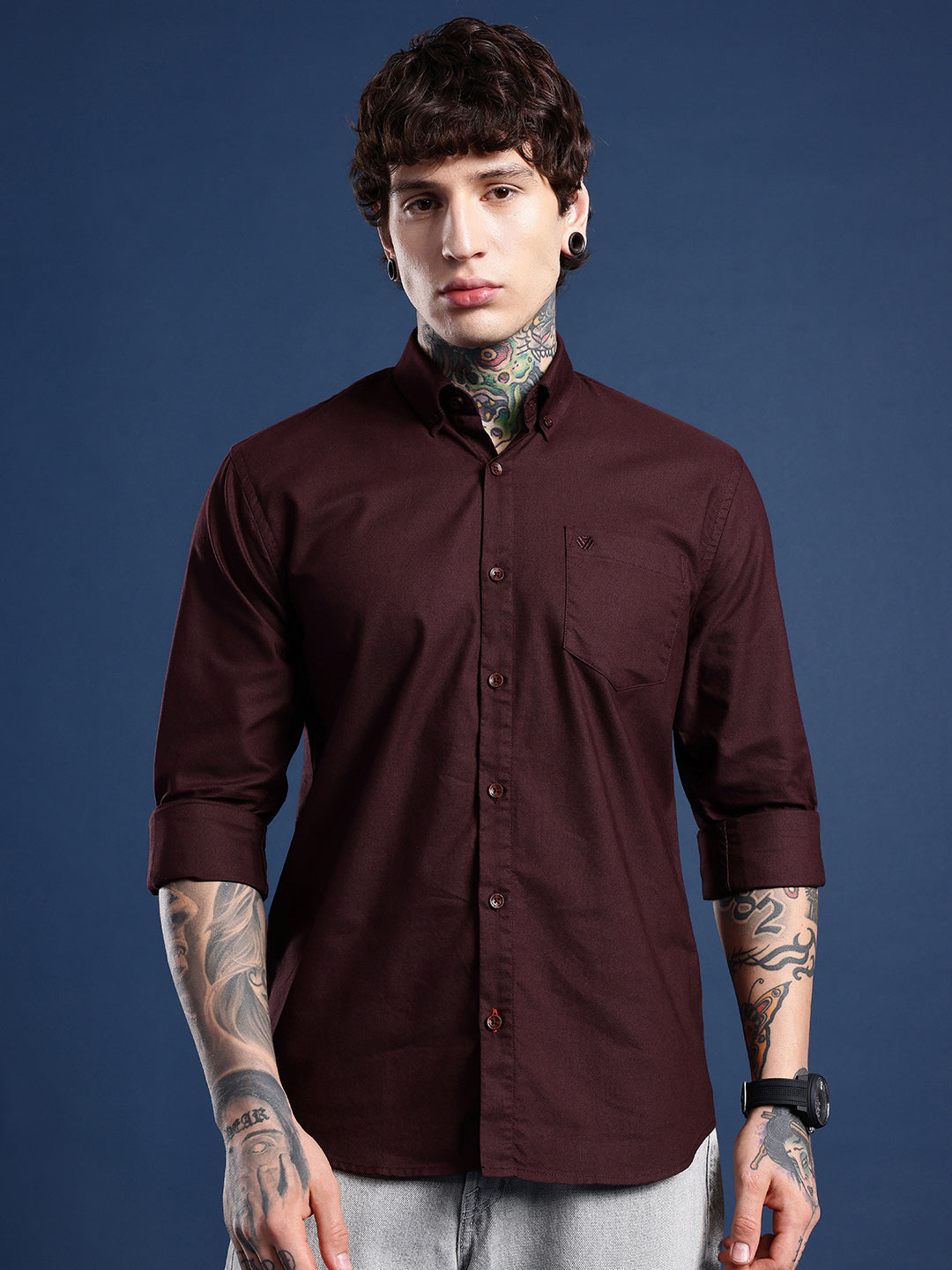 Maroon Brown Oxford Cotton Shirt – Button-Down Collar & Chest Pocket