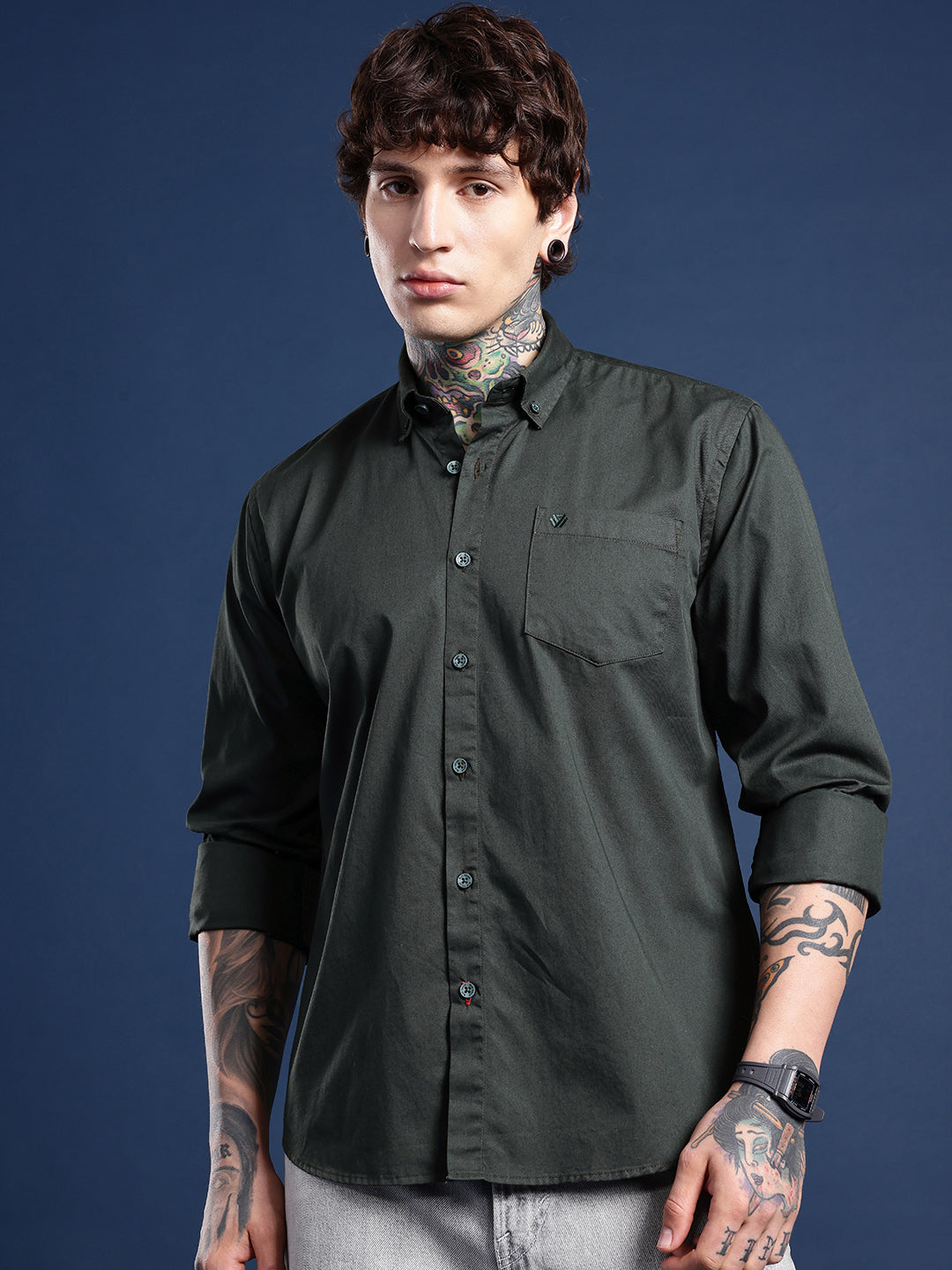 Forest Green Oxford Cotton Shirt – Button-Down Collar & Chest Pocket