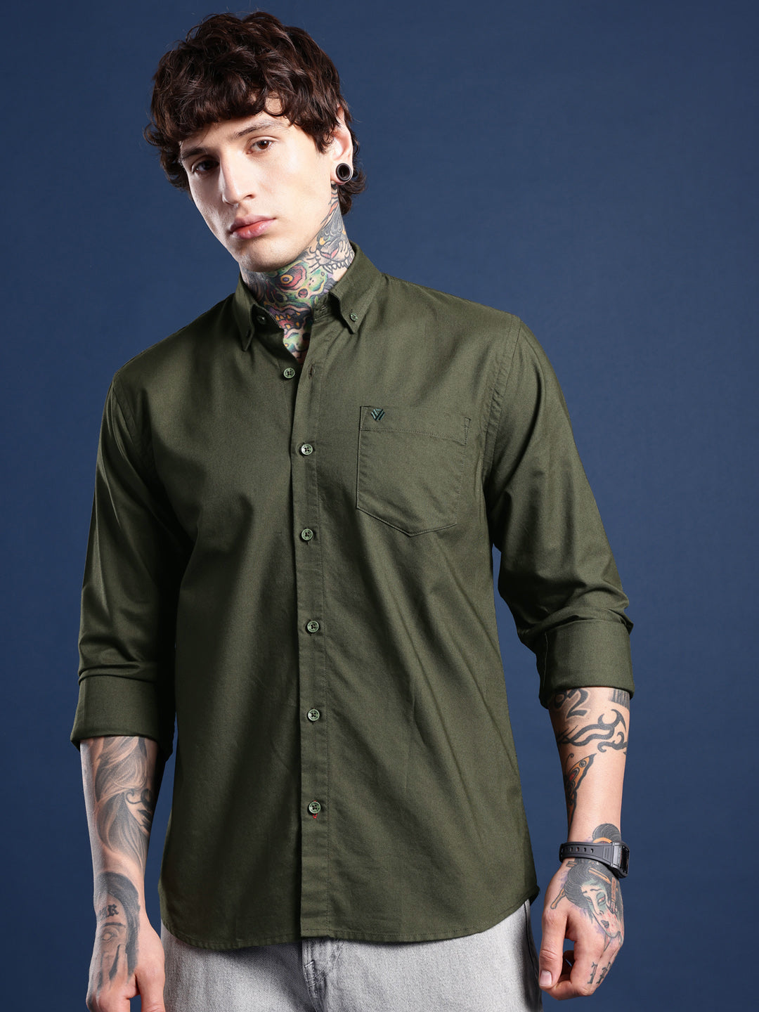 Moss Green Oxford Cotton Shirt – Button-Down Collar & Chest Pocket