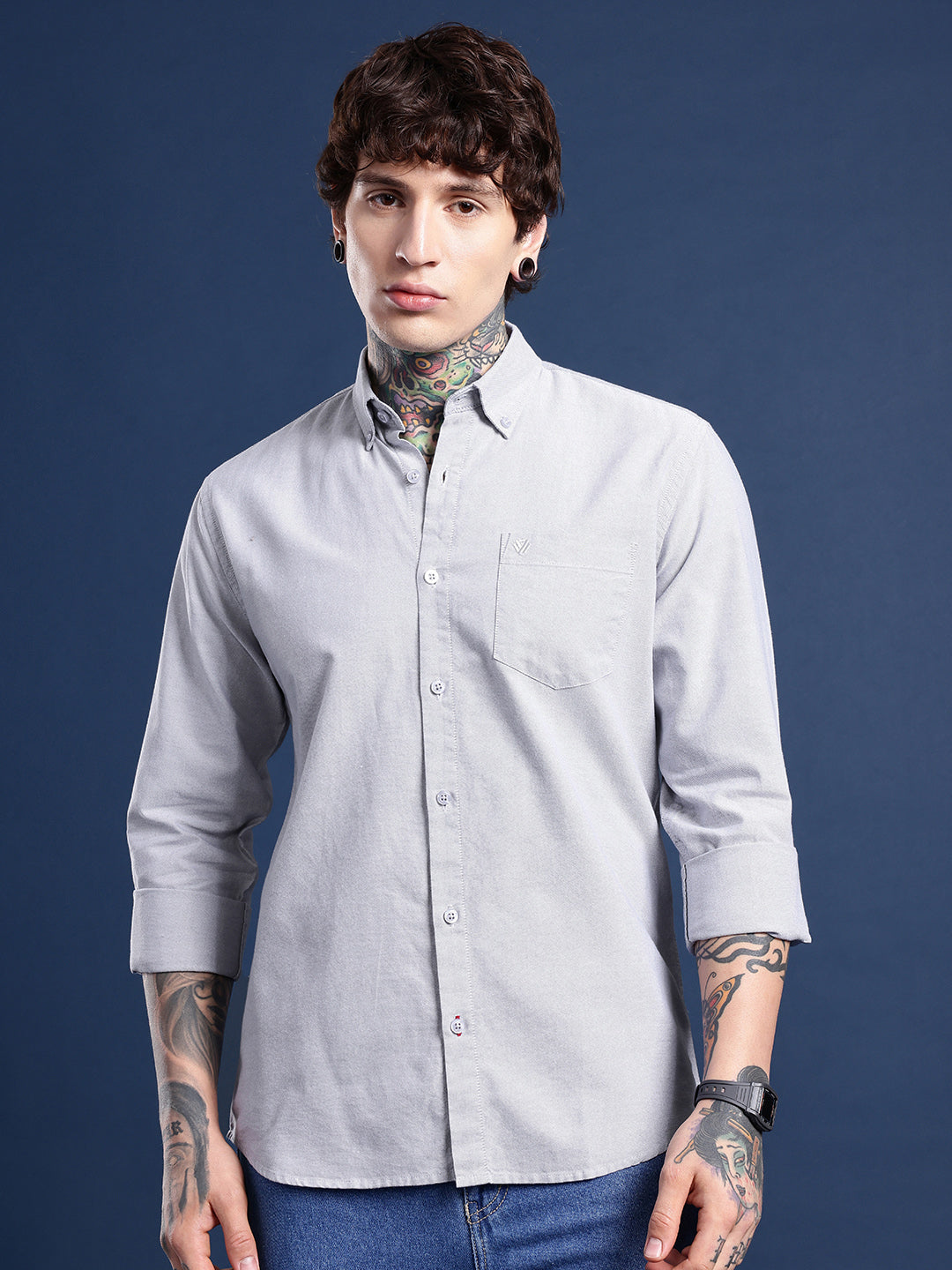 Ash Grey Oxford Cotton Shirt – Button-Down Collar & Chest Pocket