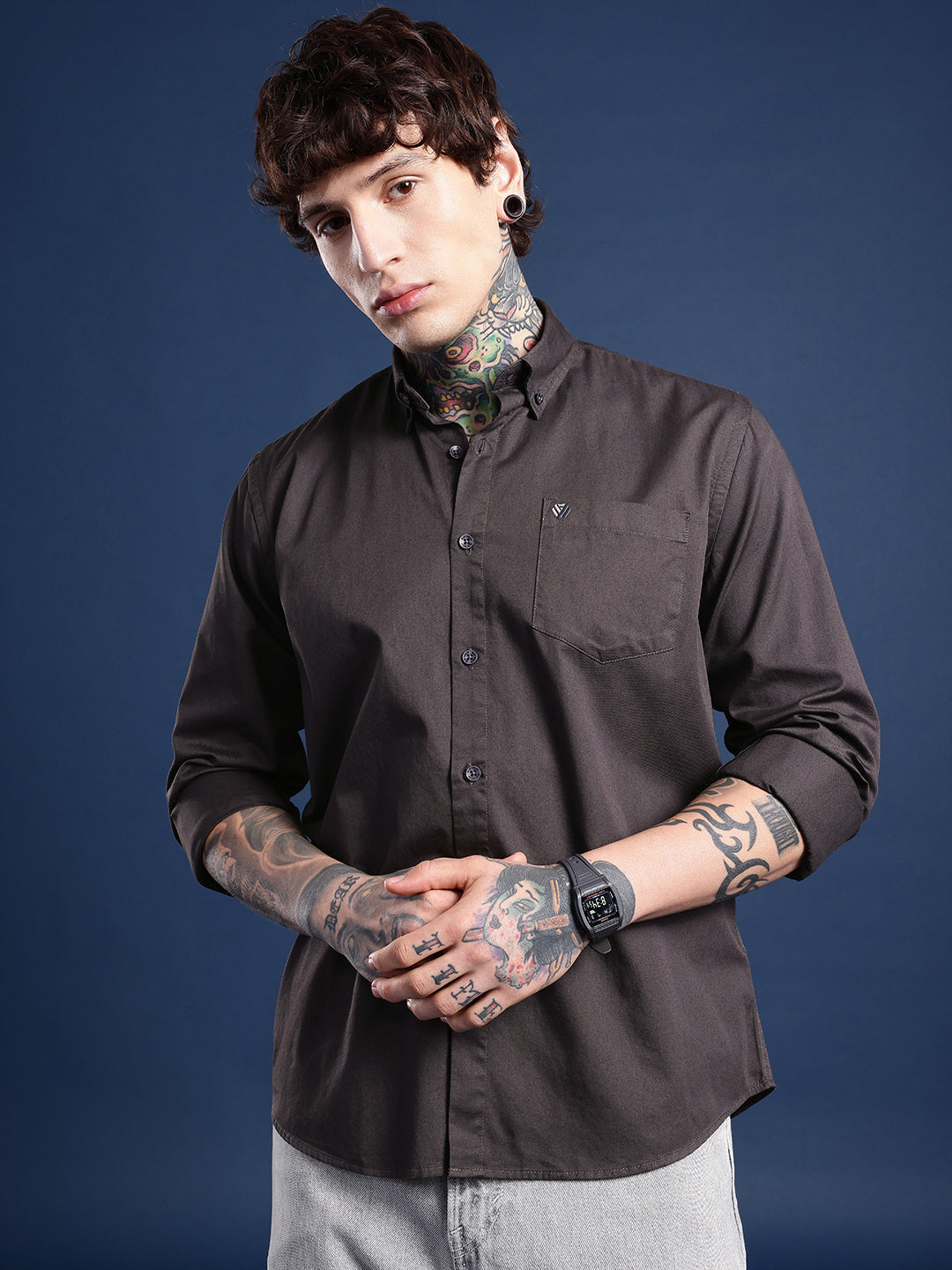 Espresso Brown Oxford Cotton Shirt – Button-Down Collar & Chest Pocket