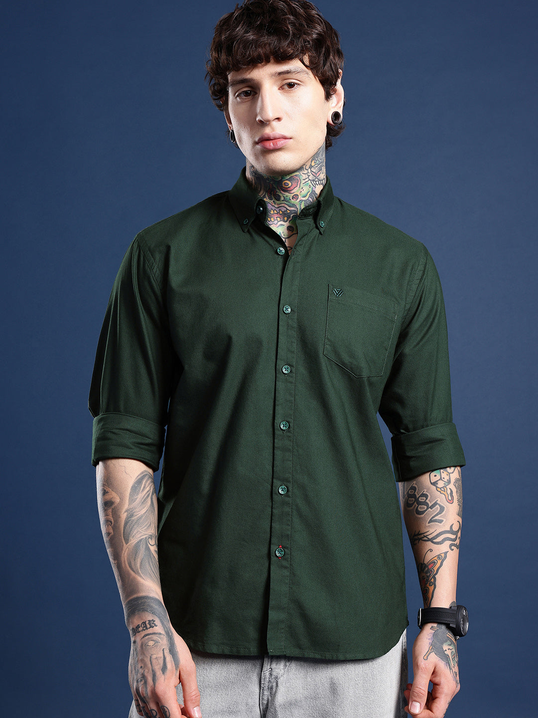 Bottle Green Oxford Cotton Shirt – Button-Down Collar & Chest Pocket