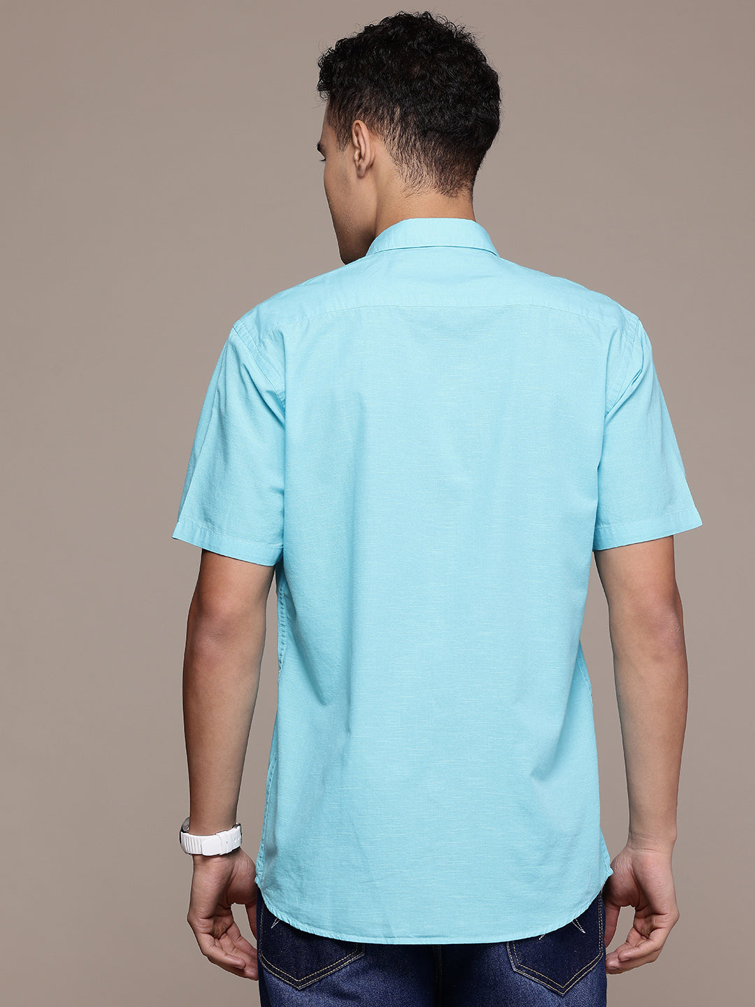 Men’s Sea Blue Linen Half Sleeves Casual Shirt