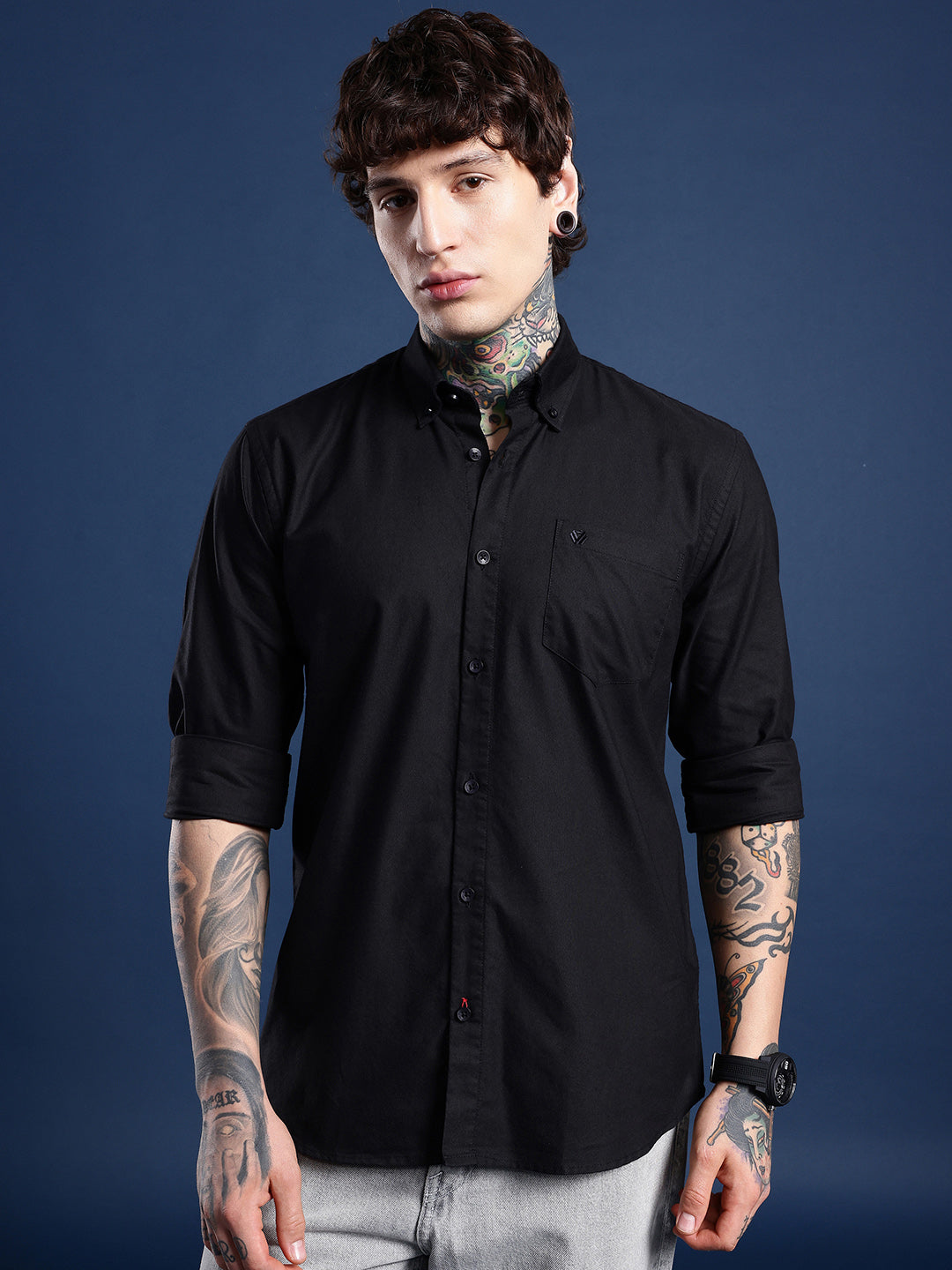 Jet Black Oxford Cotton Shirt – Button-Down Collar & Chest Pocket