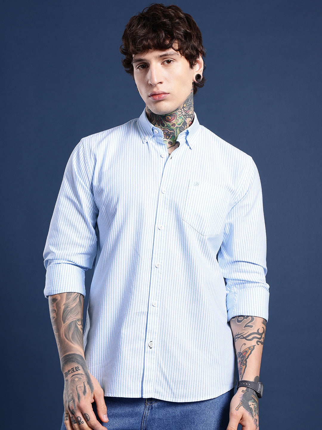 Sky Blue & White Pinstripe Oxford Shirt – Button-Down Collar