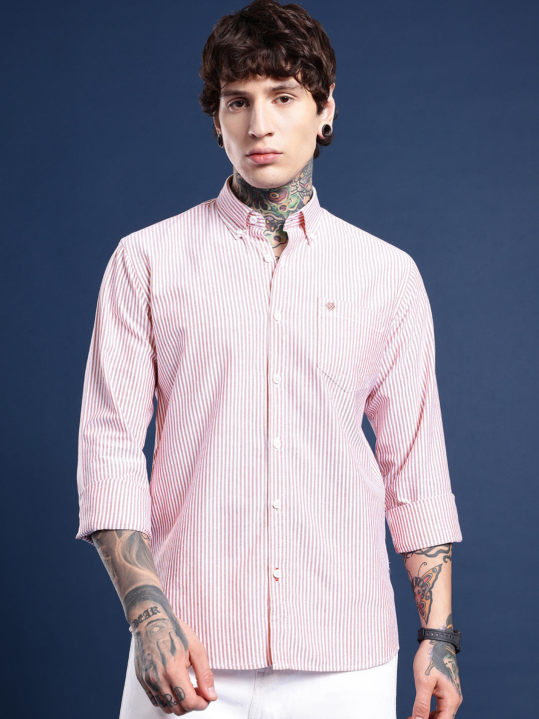 White & Maroon Pinstripe Oxford Shirt – Button-Down Collar