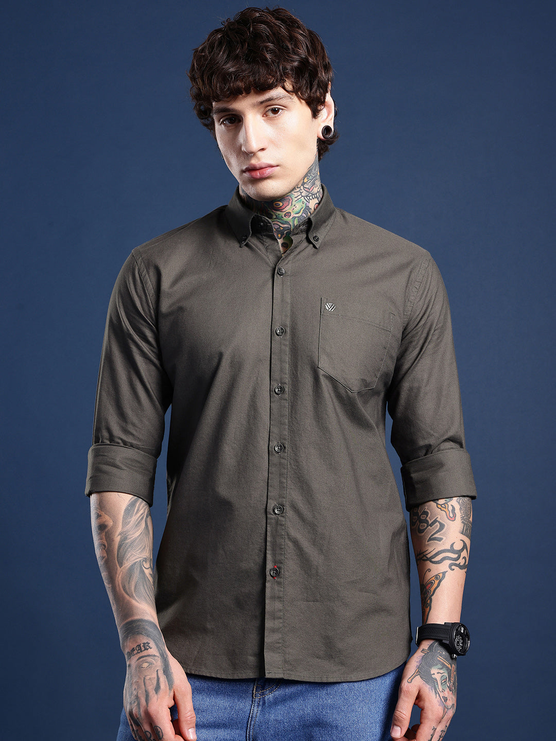 Olive Green Oxford Cotton Shirt – Button-Down Collar & Chest Pocket