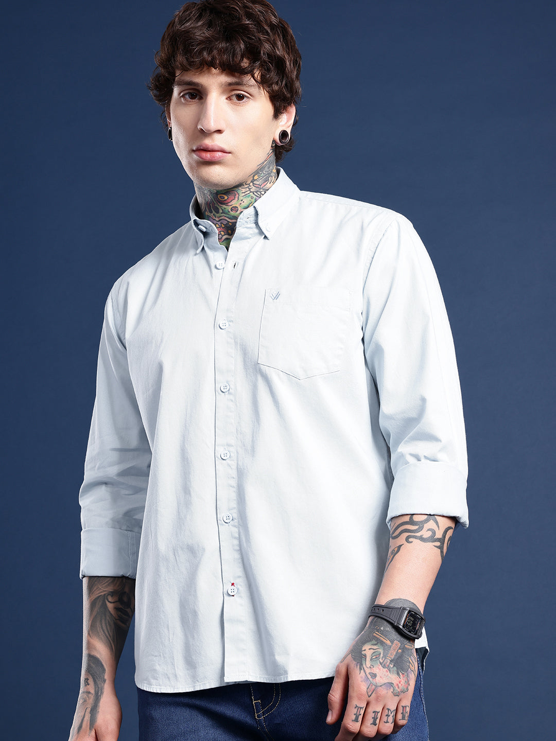 Ice Blue Oxford Cotton Shirt – Button-Down Collar & Chest Pocket