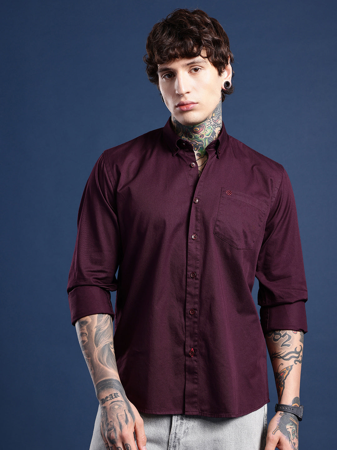 Wine Burgundy Oxford Cotton Shirt – Button-Down Collar & Chest Pocket
