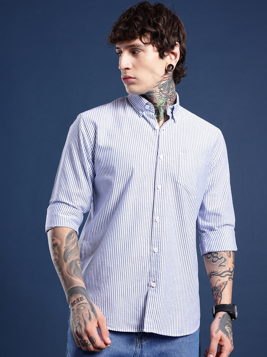 Blue & White Bengal-Stripe Oxford Shirt – Button-Down Collar