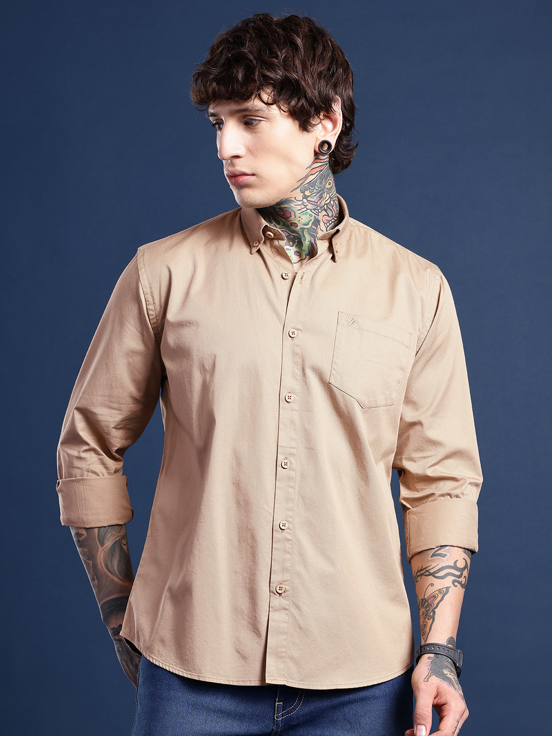 Camel Tan Oxford Cotton Shirt – Button-Down Collar & Chest Pocket
