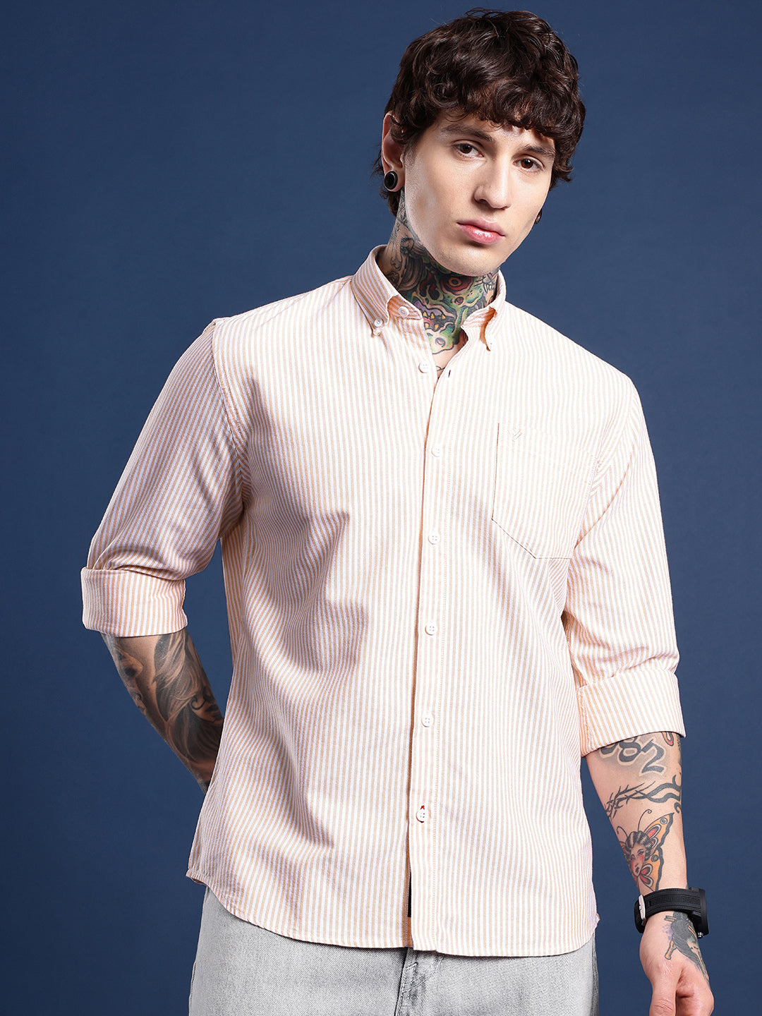 Peach & White Pinstripe Oxford Shirt – Button-Down Collar