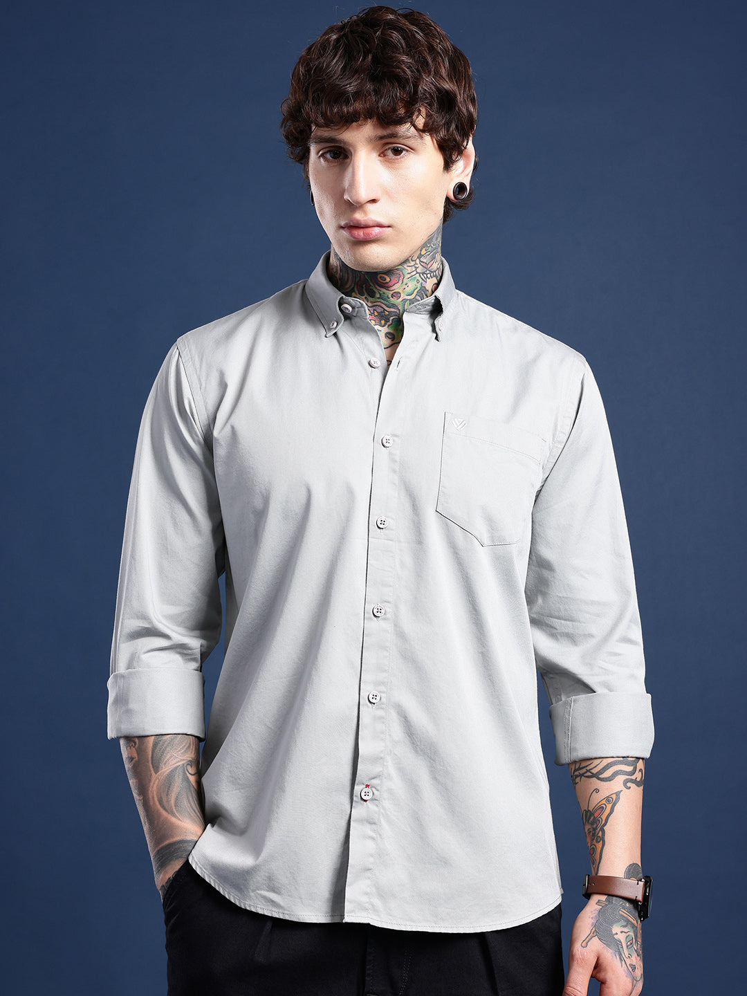 Cloud Grey Oxford Cotton Shirt – Button-Down Collar & Chest Pocket