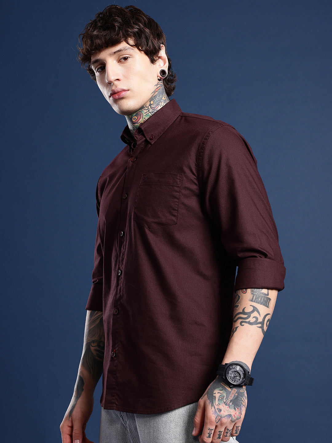Maroon Brown Oxford Cotton Shirt – Button-Down Collar & Chest Pocket