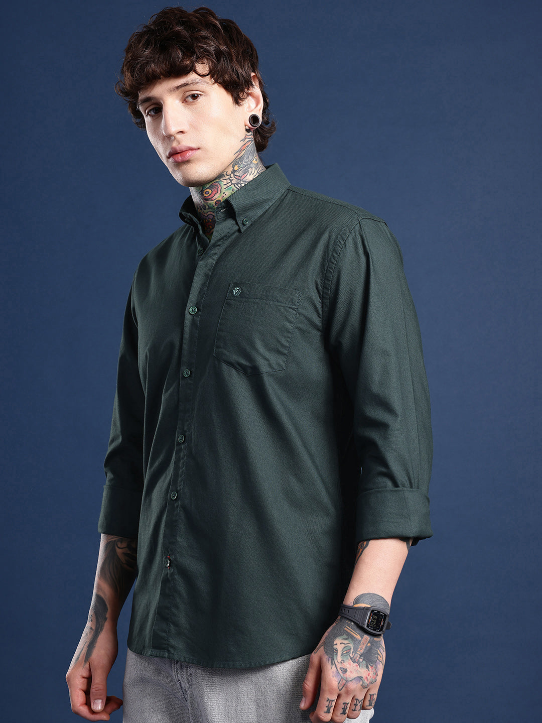 Emerald Green Oxford Cotton Shirt – Button-Down Collar & Chest Pocket