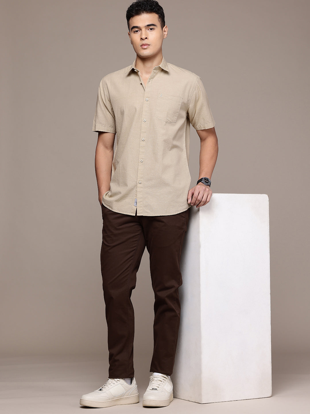 Men’s Beige Linen Half Sleeves Casual Shirt