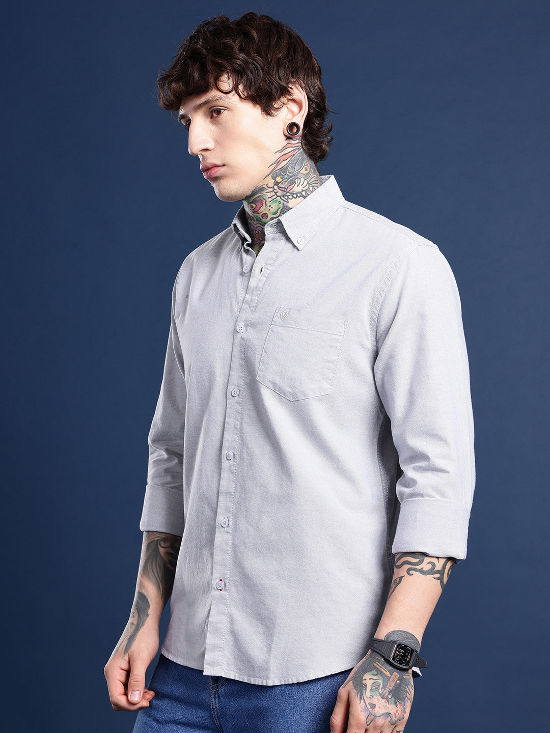 Ash Grey Oxford Cotton Shirt – Button-Down Collar & Chest Pocket