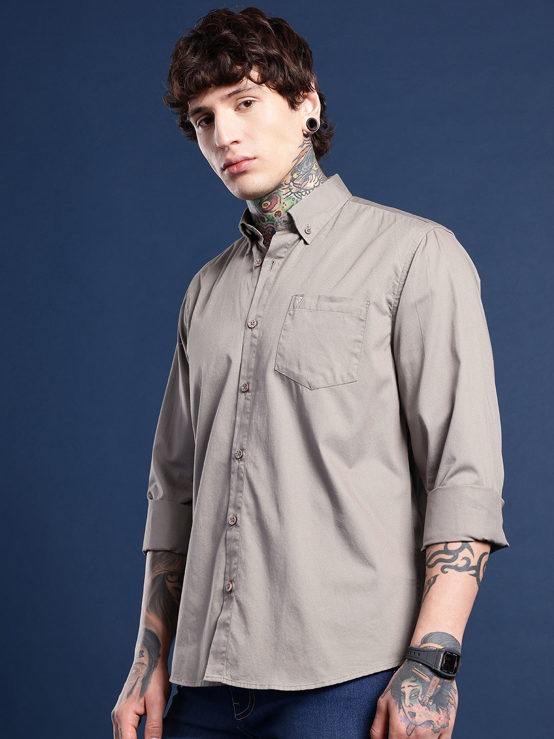 Taupe Grey Oxford Cotton Shirt – Button-Down Collar & Chest Pocket