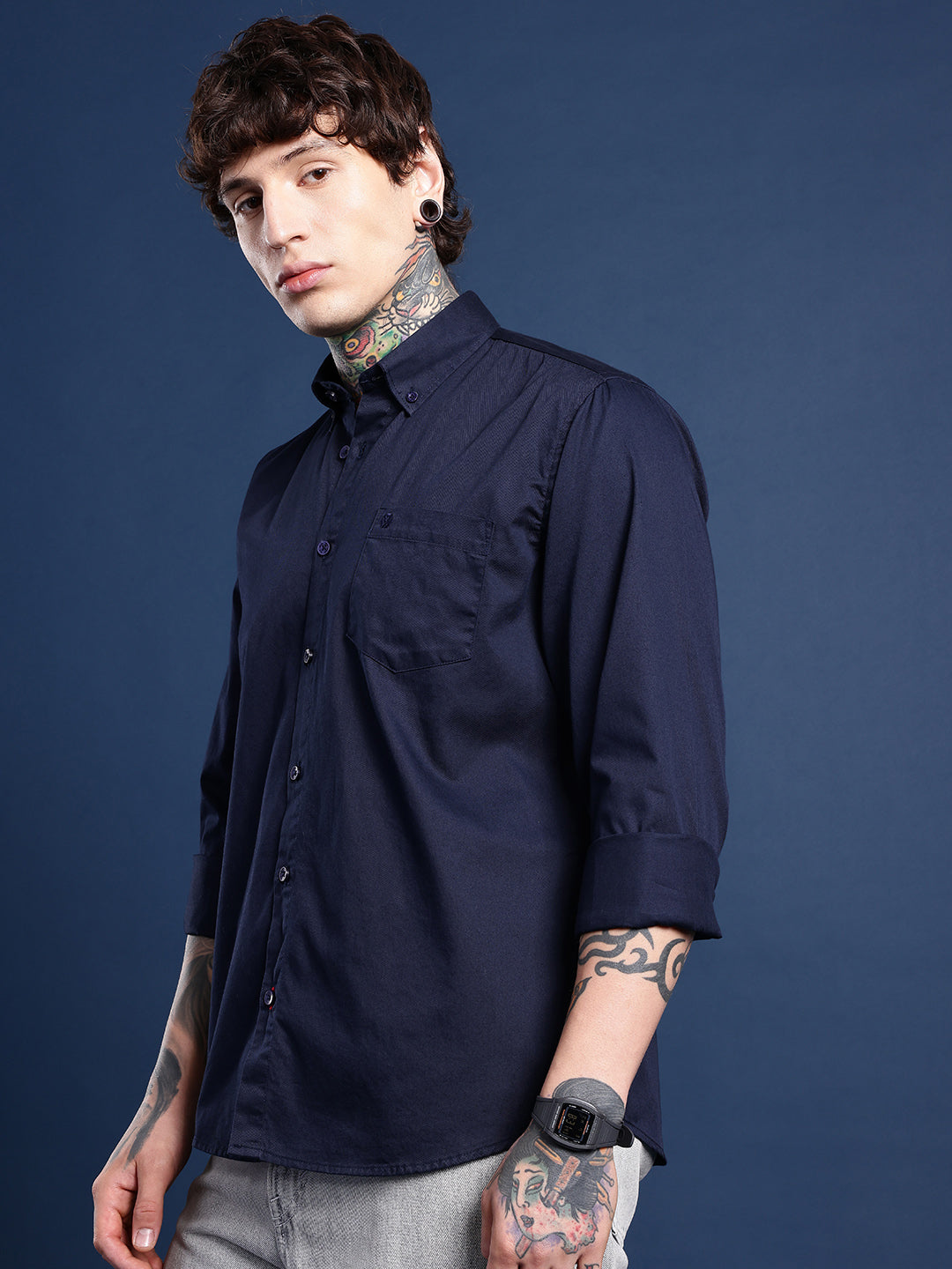 Indigo Navy Oxford Cotton Shirt – Button-Down Collar & Chest Pocket