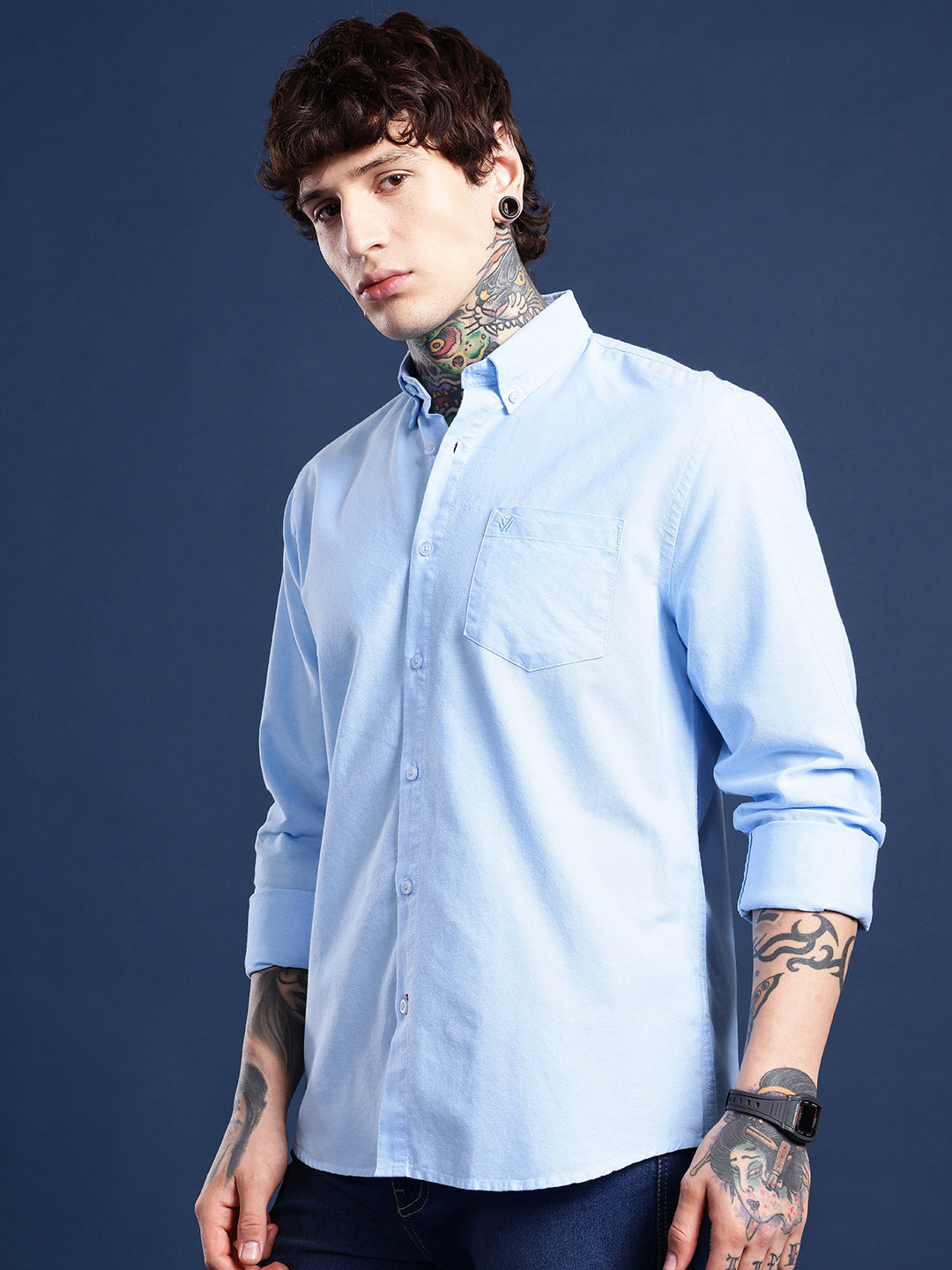Sky Blue Oxford Cotton Shirt – Button-Down Collar & Chest Pocket