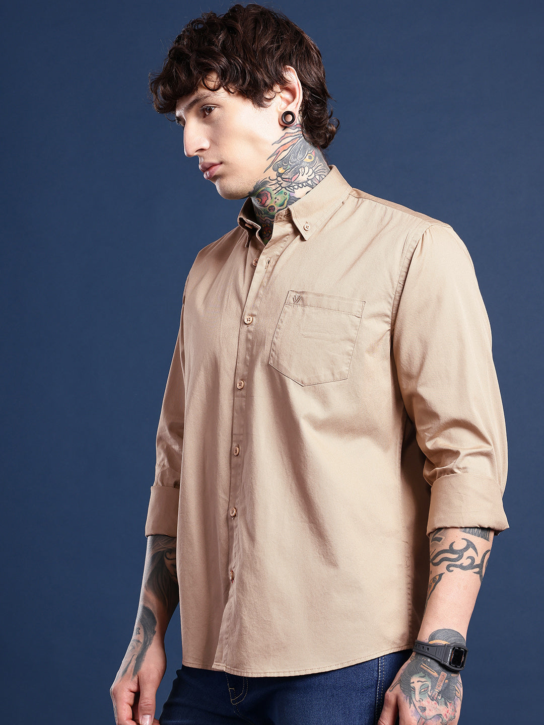 Camel Tan Oxford Cotton Shirt – Button-Down Collar & Chest Pocket