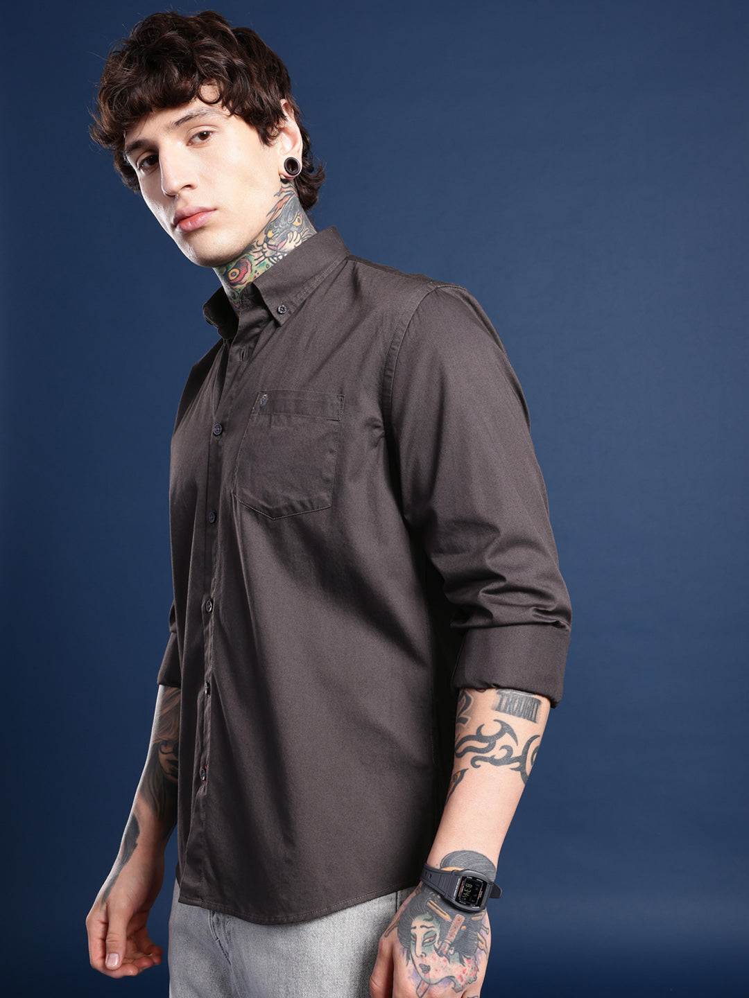 Espresso Brown Oxford Cotton Shirt – Button-Down Collar & Chest Pocket