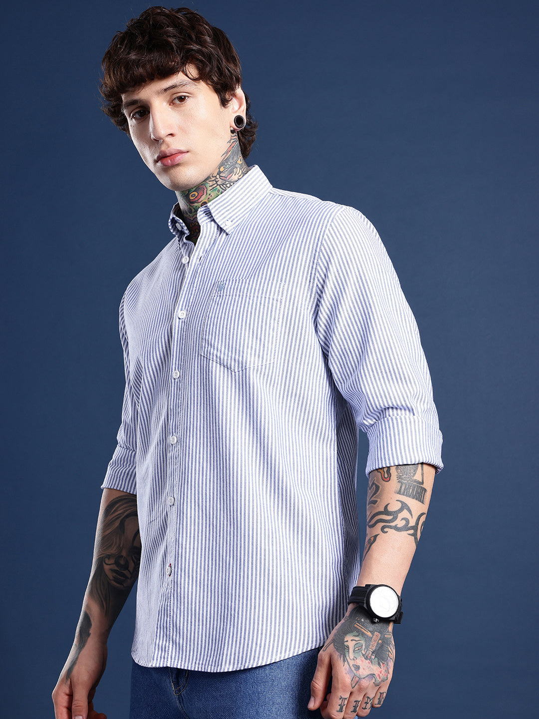Blue & White Bengal-Stripe Oxford Shirt – Button-Down Collar