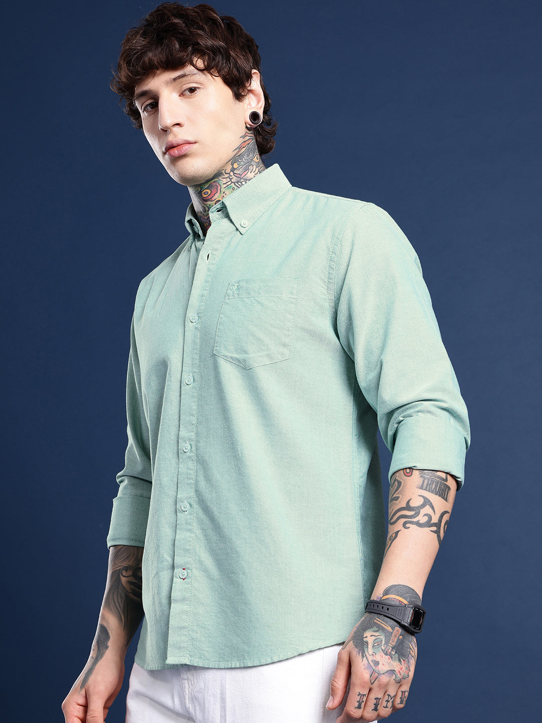 Mint Green Oxford Cotton Shirt – Button-Down Collar & Chest Pocket