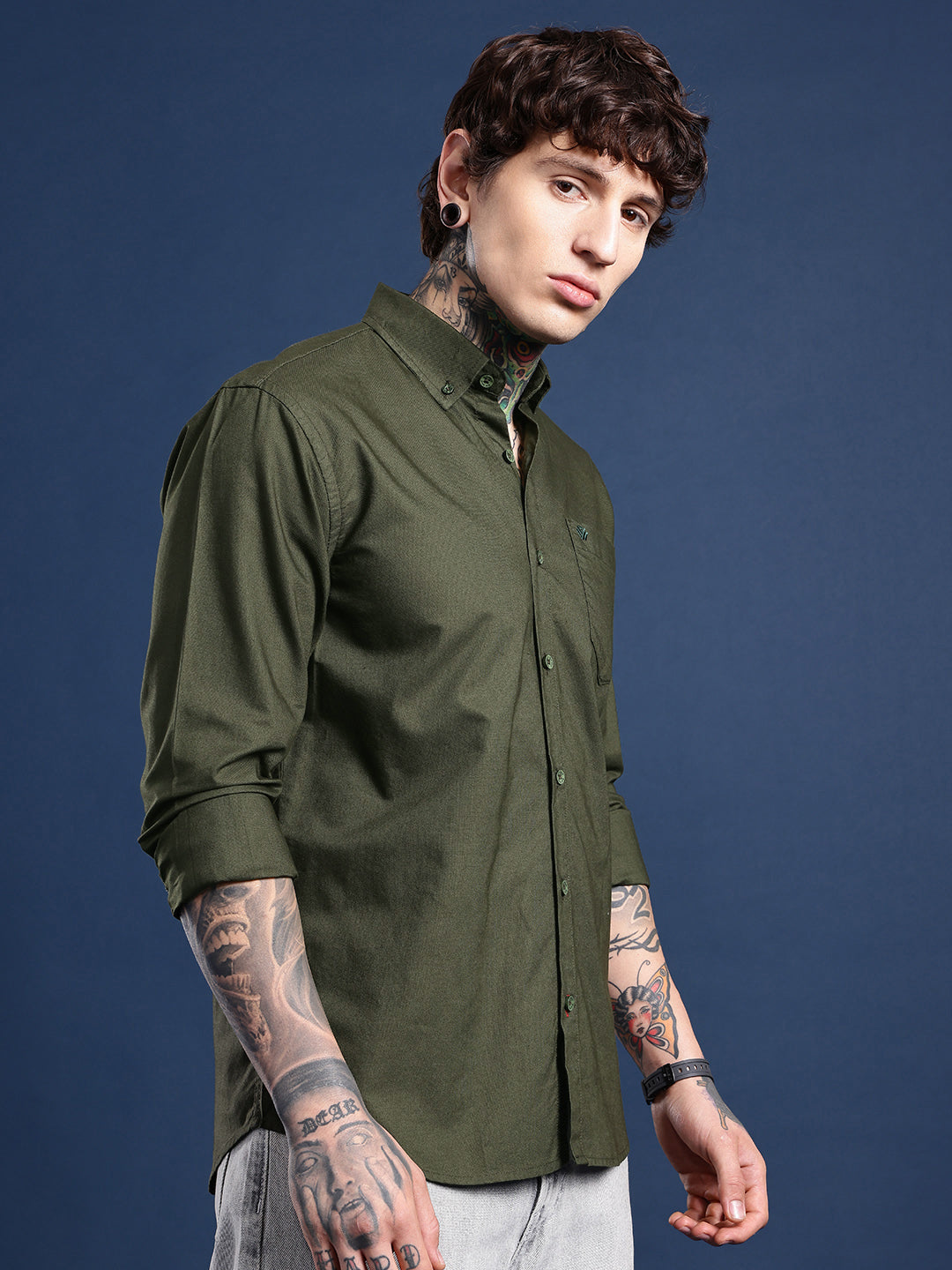 Moss Green Oxford Cotton Shirt – Button-Down Collar & Chest Pocket